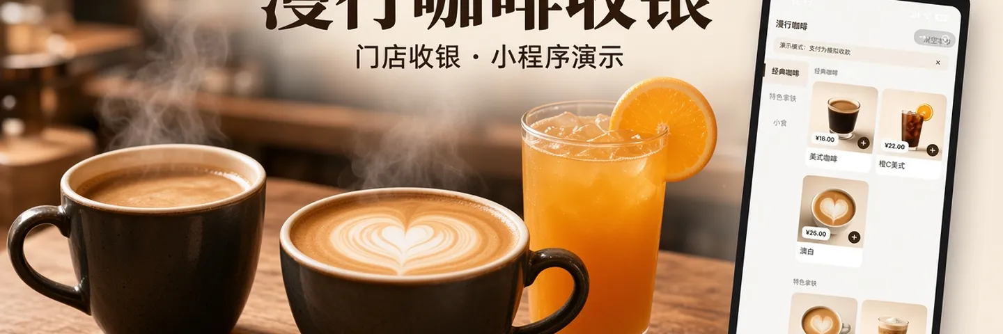 漫行咖啡收银封面,咖啡饮品与手机收银界面,标题漫行咖啡收银