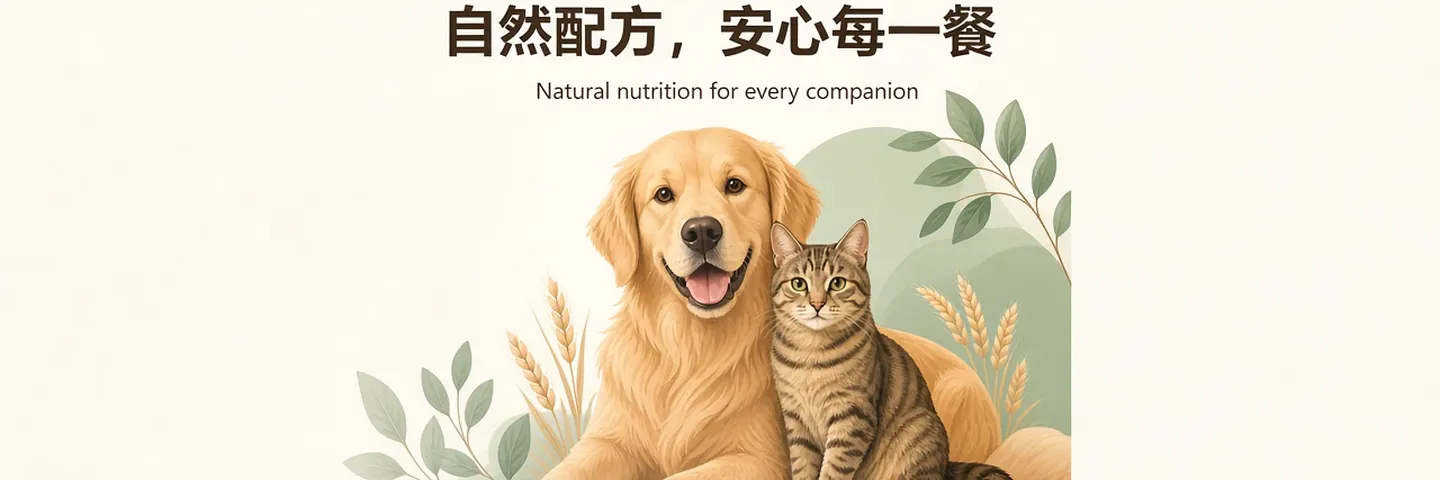 禾宠封面,金毛与虎斑猫,文案为自然配方,安心每一餐